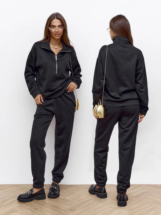 Damen Zopfstrick-Lounge-Set mit halbem Reißverschluss und hochtaillierter Jogginghose Shop Nory