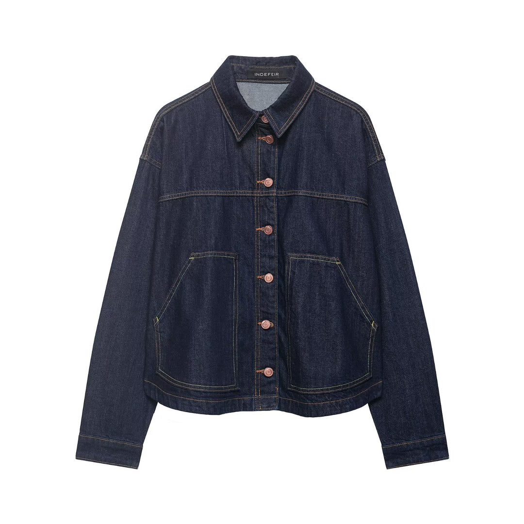 Damen Boxy Cropped Denim-Workerjacke mit großen aufgesetzten Fronttaschen Shop Nory