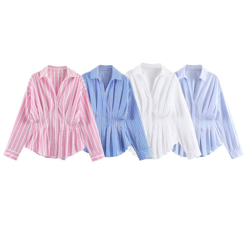 Damen Gestreifte Oversize-Bluse mit taillierenden Raffungen und Hemdkragen Shop Nory