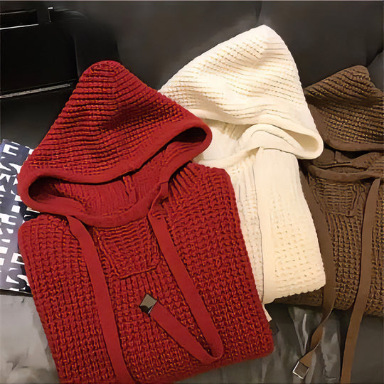 Damen Grob gestrickter Kapuzenpullover mit Waffelstruktur und Kordelzug Shop Nory