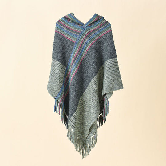 Damen Kapuzen-Poncho im Grobstrick mit Fransensaum Shop Nory