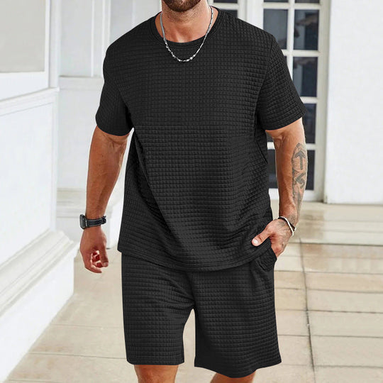 Herren nan Waffelstruktur Wohn- und Freizeit-Set mit weit geschnittenem Kurzarmshirt und kurzer Hose mit elastischem Bund