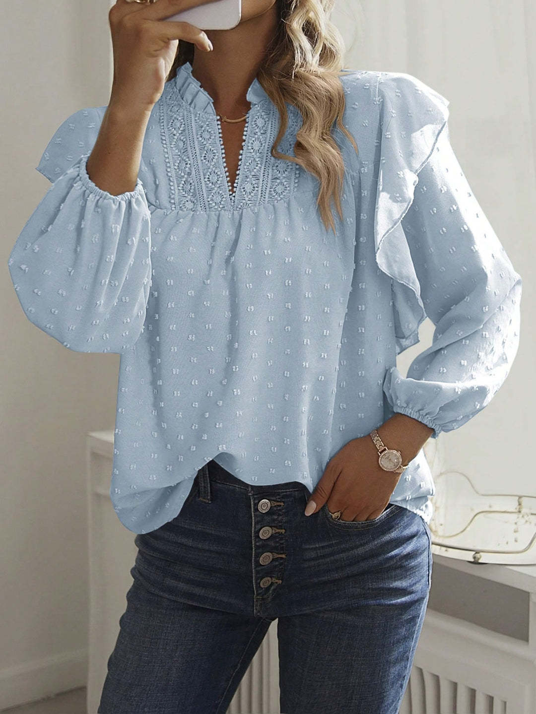 Damen Viskose-Bluse mit Spitzenstickerei und Volantärmeln Shop Nory