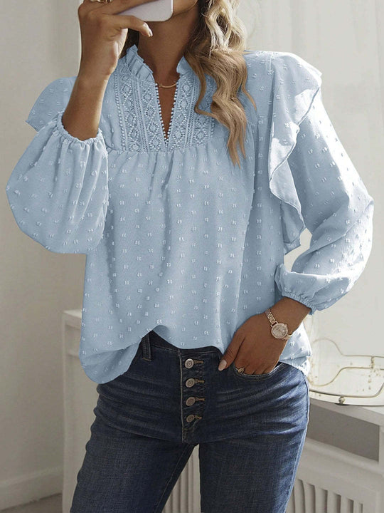 Damen Viskose-Bluse mit Spitzenstickerei und Volantärmeln Shop Nory