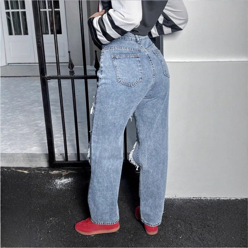 Damen Hochtaillierte Destroyed Baggy-Jeans mit weitem Bein und Knie‑Rips Shop Nory