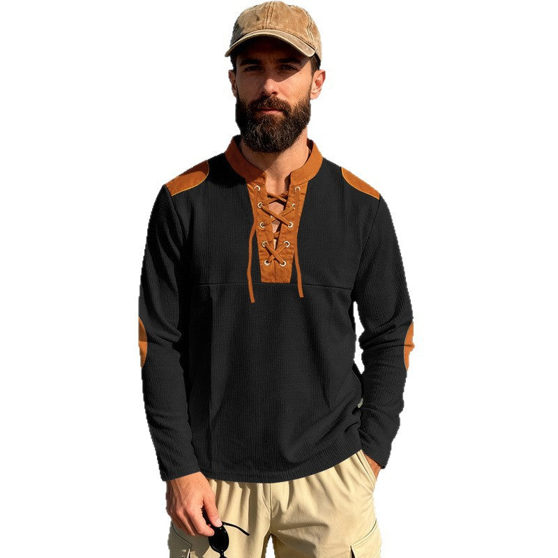 Herren Waffelstrick-Langarmshirt mit Schnürung und Kunstvelours-Ellbogenpatches Shop Nory