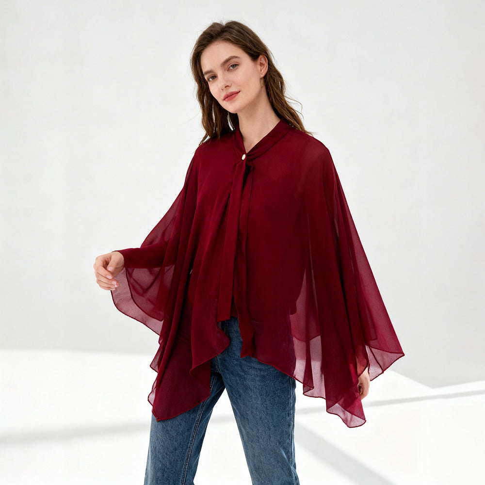 Damen Chiffon-Cape mit Schleifenkragen und Zierknopf Shop Nory