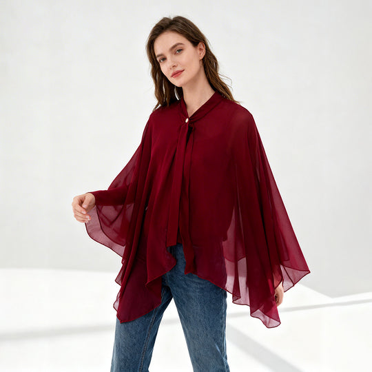 Damen Chiffon-Cape mit Schleifenkragen und Zierknopf Shop Nory