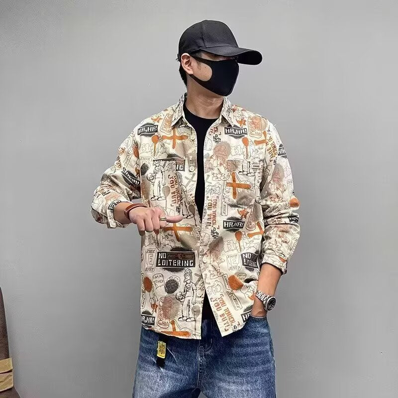 Herren Lockeres Hemdjacke mit Allover-Grafikprint und Brusttaschen Shop Nory