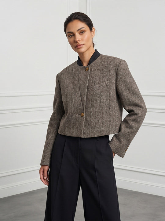 Damen Kurzgeschnittener Wollblazer mit Stehkragen und Fischgrätmuster Shop Nory