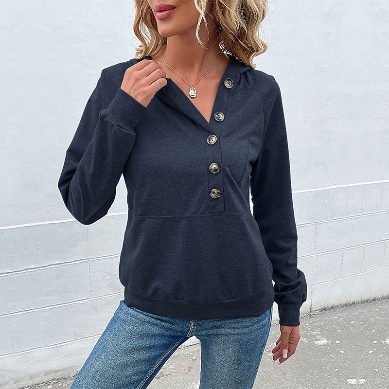 Damen Kapuzenpullover mit Zierknopfleiste, Raglanärmeln und Kängurutasche Shop Nory