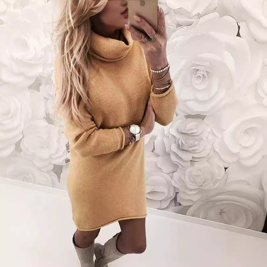 Damen Gemütliches Rollkragen Mini Kleid aus Feinstrick mit Geradem Schnitt Shop Nory