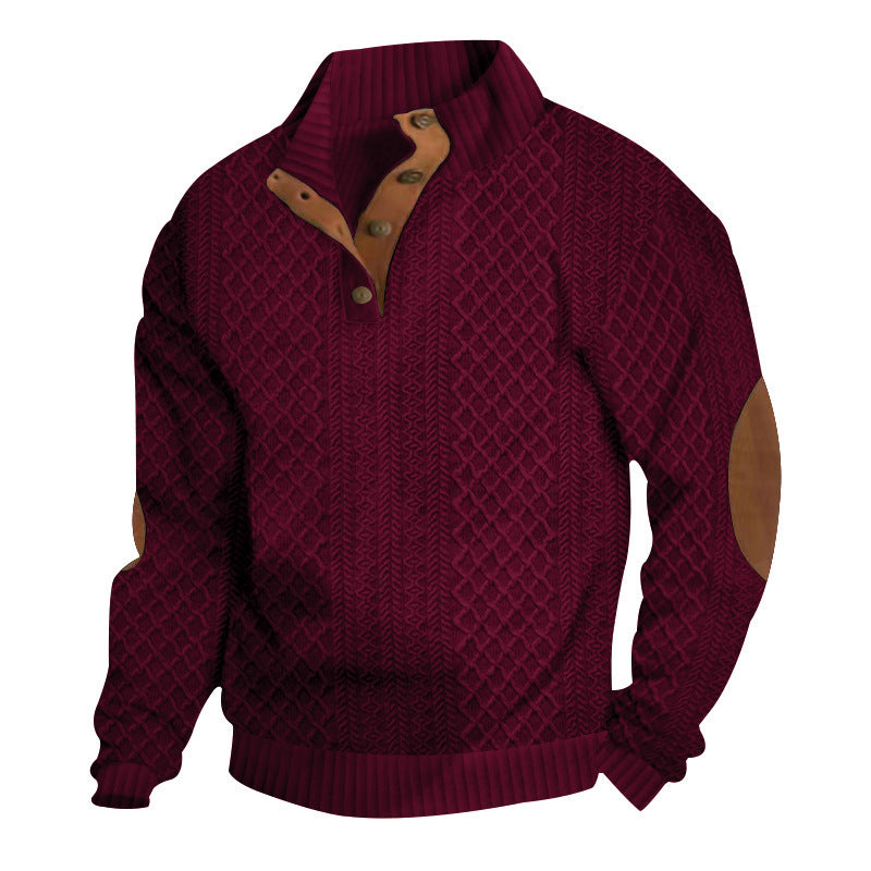 Herren nan grober Strickpullover mit Stehkragen Lederbesatz und Ellenbogenaufnähern Shop Nory