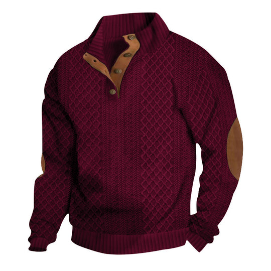 Herren nan grober Strickpullover mit Stehkragen Lederbesatz und Ellenbogenaufnähern Shop Nory