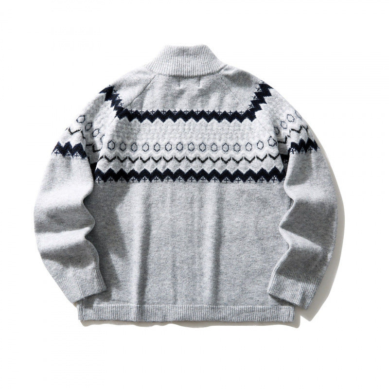 Unisex Norweger-Strickjacke mit durchgehendem Reißverschluss, Stehkragen und Eingrifftaschen Shop Nory