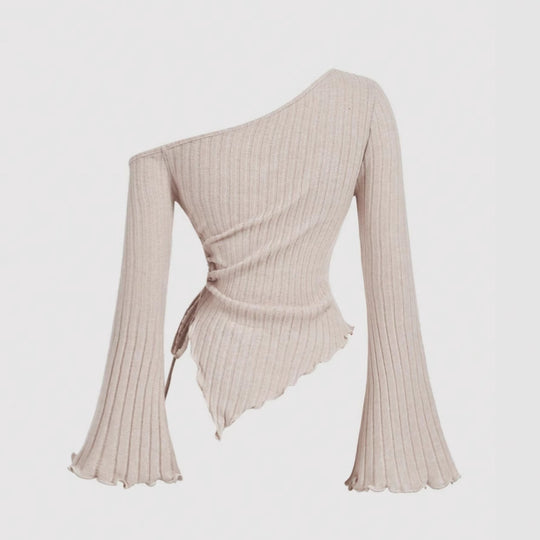 Damen Schulterfreies Rippstrick-Top mit asymmetrischem Saum, Glockenärmeln und Taillen-Schnürung Shop Nory
