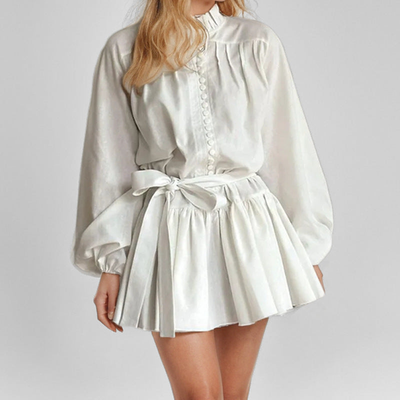 Damen Puffärmel Hemdkleid mit Rüschendetails und tailliertem Gürtel