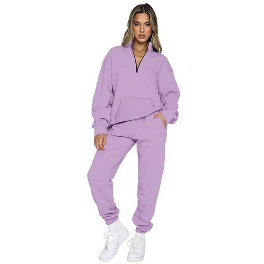 Damen nan French‑Terry Relax‑Loungewear‑Set mit halbem Reißverschluss, Kängurutasche und taillierter, schmal zulaufender Jogginghose Shop Nory