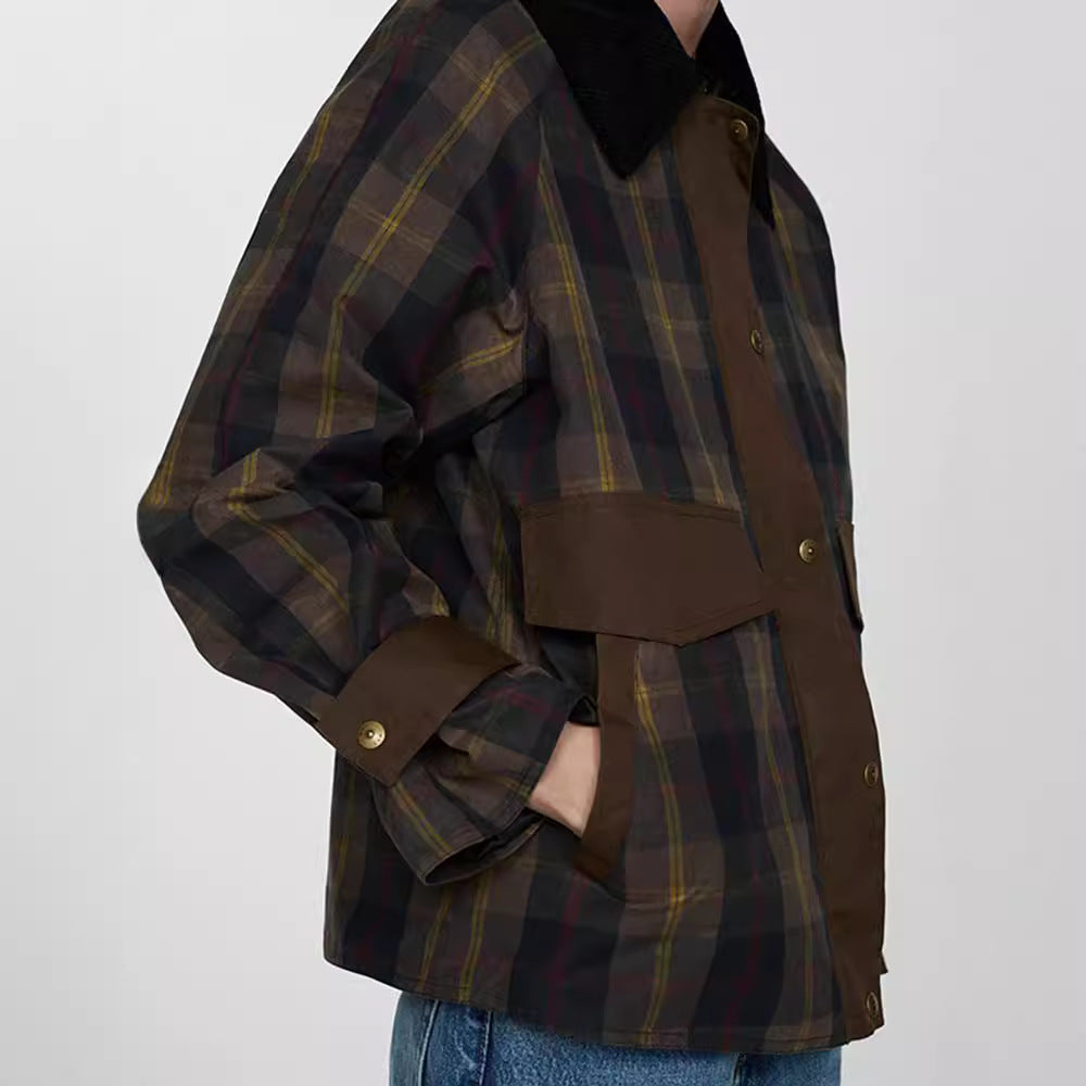 Damen Karierte Jacke mit weichem Cordkragen