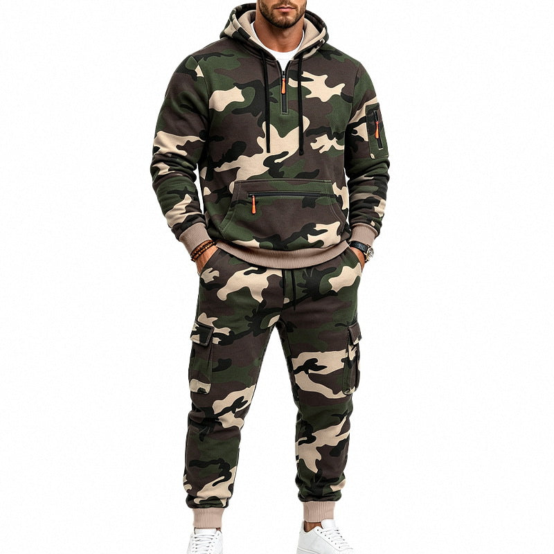 Herren Camouflage Kapuzensweatshirt- und Jogginghose Set mit Cargo-Taschen und Reißverschlüssen Shop Nory