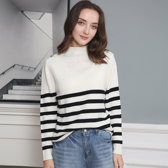 Damen Gestreifter Rollkragenpullover mit dekorativen Schulterknöpfen und Rippbündchen Shop Nory