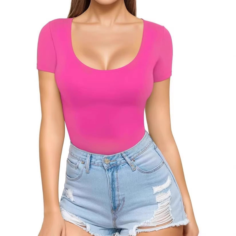 Damen figurbetontes Kurzarm-Body mit rundem Ausschnitt und nahtlosem Design
