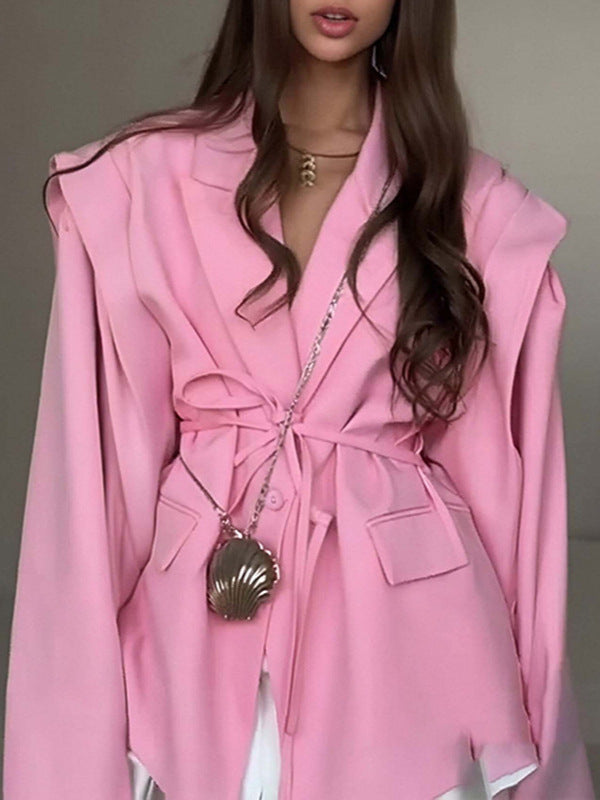 Damen Wickelblazer mit Taillengürtel und überbreiter Schulterpartie Shop Nory
