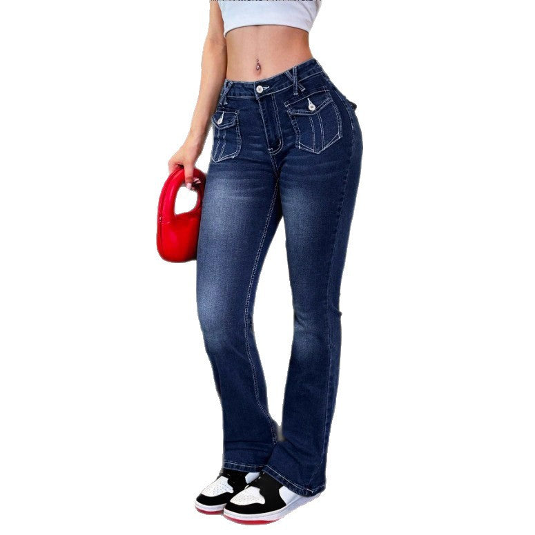 Damen Hochtaillierte Stretch-Jeans mit leichtem Flare und dekorativen Taschen Shop Nory