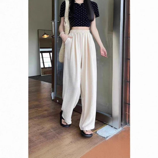 Damen Weite Leinenoptik-Palazzohose mit hoher Taille, Elastikbund und Eingrifftaschen Shop Nory