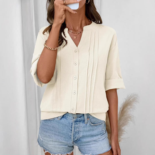 Damen Lockeres Tunikashirt mit Kellerfalten und dreiviertel Ärmeln Shop Nory
