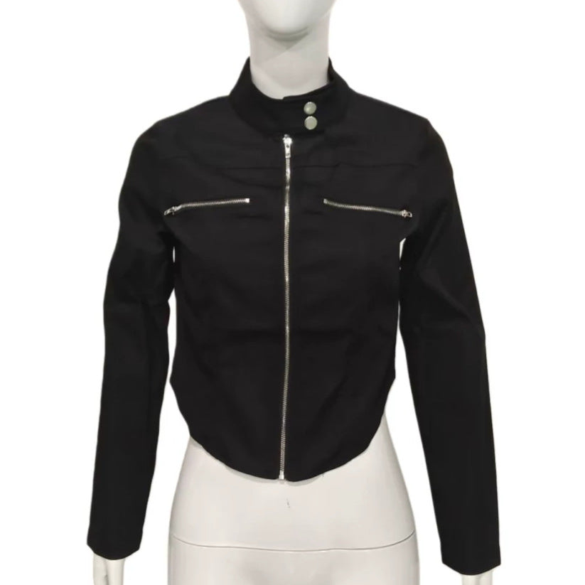 Damen Taillierte Bonded-Canvas-Bikerjacke mit Stehkragen und Brust-Reißverschlüssen Shop Nory