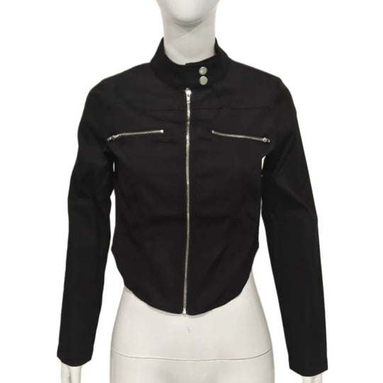 Damen Taillierte Bonded-Canvas-Bikerjacke mit Stehkragen und Brust-Reißverschlüssen Shop Nory