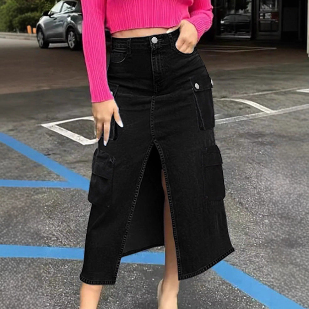 Damen hoher Taillen‑Cargo‑Denim‑Midirock mit Frontschlitz und Pattentaschen Shop Nory
