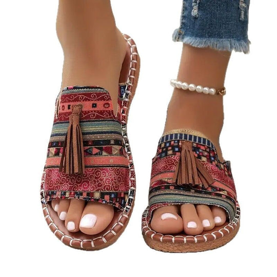 Damen Boho-Ethno-Quasten-Pantoletten mit geflochtener Sohle und gepolstertem Fußbett Shop Nory