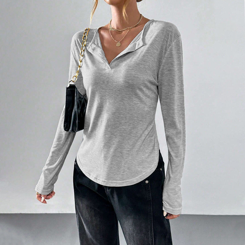 Damen legeres V-Ausschnitt Langarmshirt mit offenem Kragen, weichem Jersey und abgerundetem Saum Shop Nory
