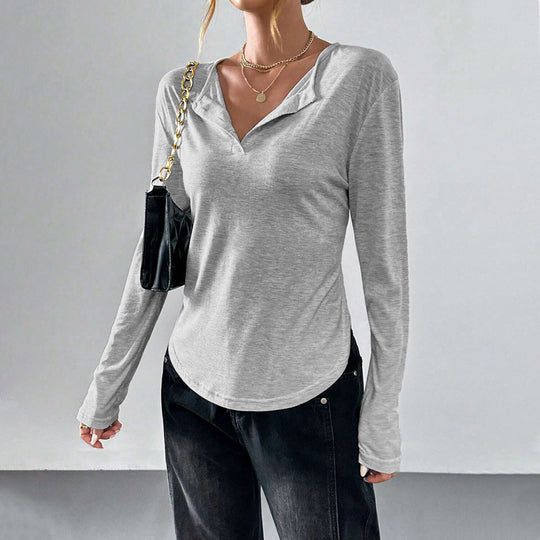 Damen legeres V-Ausschnitt Langarmshirt mit offenem Kragen, weichem Jersey und abgerundetem Saum Shop Nory