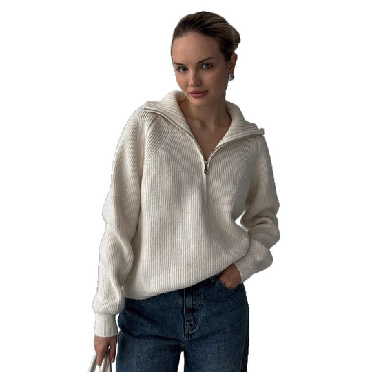 Damen Gerippter Wollmix-Pullover mit halbem Reißverschluss und weitem Stehkragen Shop Nory