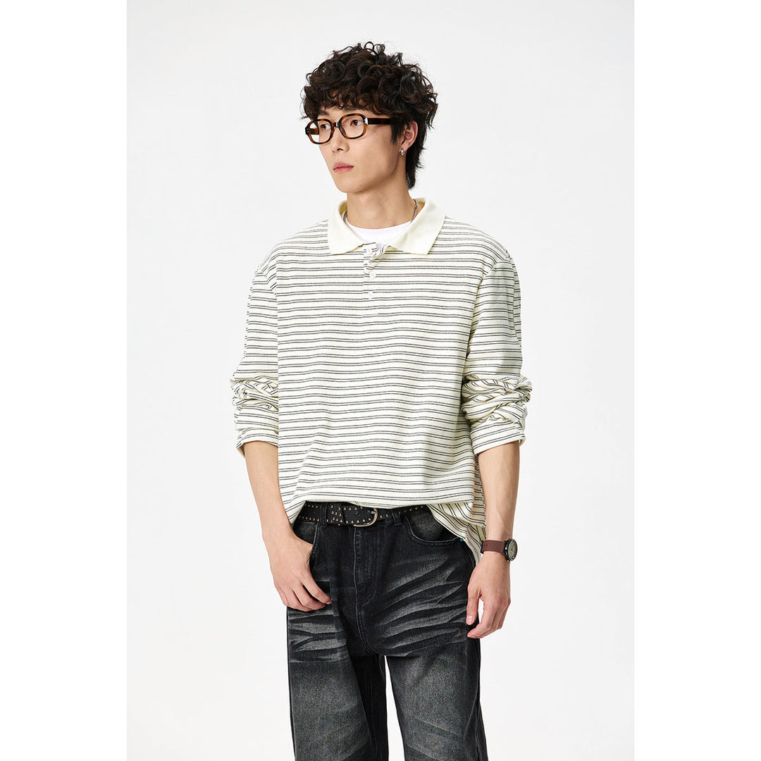 Herren Langarm-Poloshirt aus feinem Baumwollstrick mit Kentkragen und feiner Streifenstruktur Shop Nory