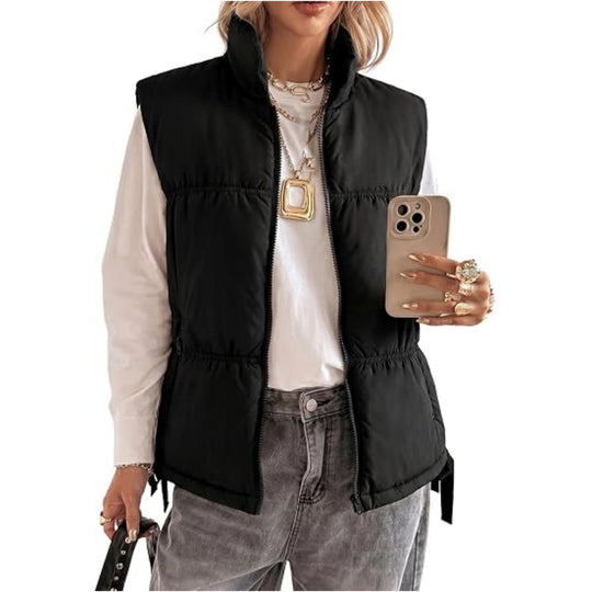 Damen Wattierte Ärmellose Weste mit Stehkragen und Kordelzug Shop Nory