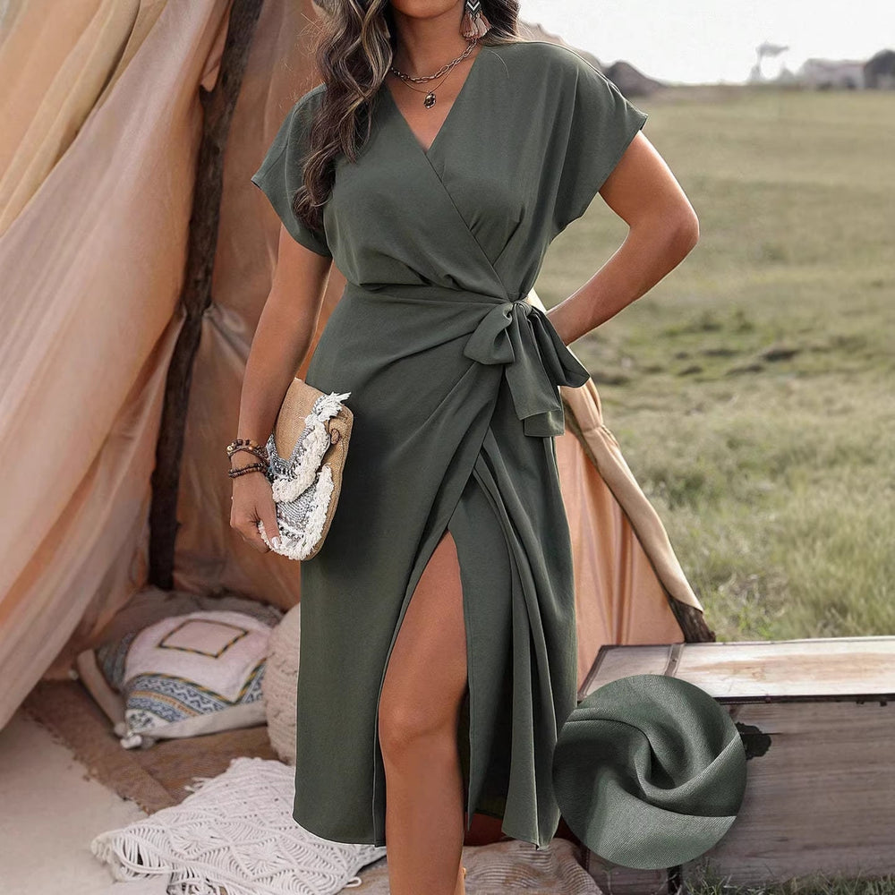 Damen Wickelkleid mit hohem Schlitz und elegantem V-Ausschnitt Shopnory