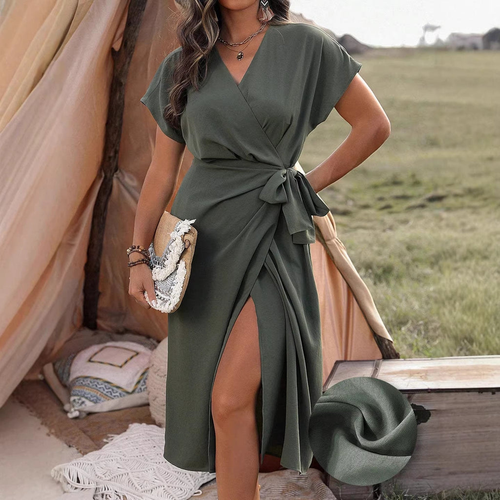 Damen Wickelkleid mit hohem Schlitz und elegantem V-Ausschnitt Shopnory