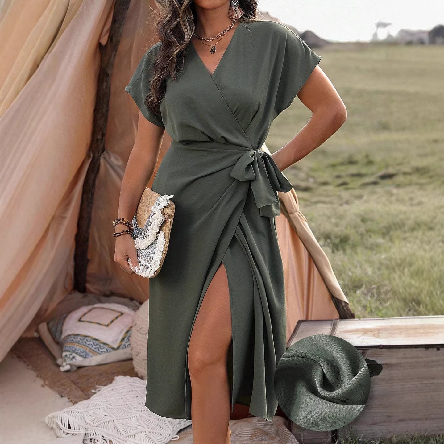 Damen Wickelkleid mit hohem Schlitz und elegantem V-Ausschnitt Shopnory