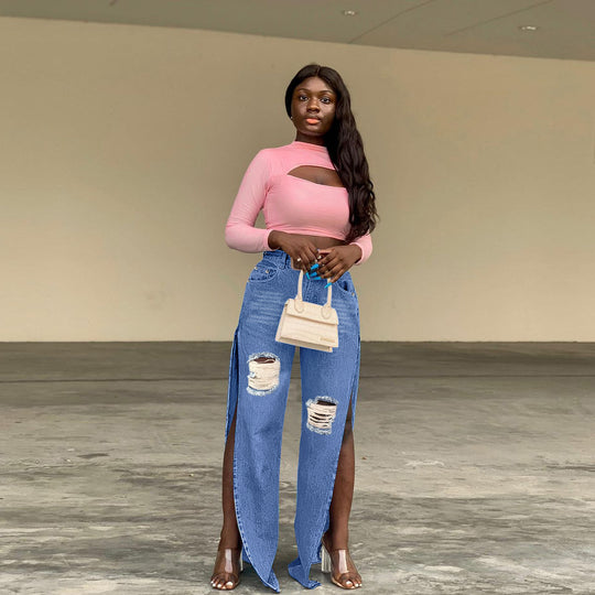Damen Hochtaillierte Wide-Leg-Jeanshose mit Knie-Rissen und seitlichen Schlitzen Shop Nory