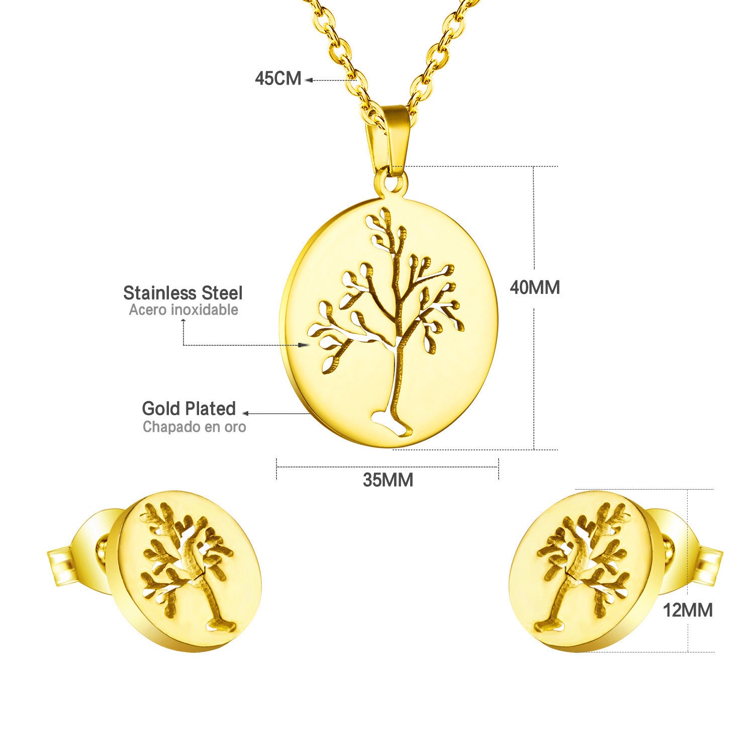 Damen Schmuckset mit Baum-Anhängern aus hochwertigem Edelstahl und goldplattiertem Design Shop Nory