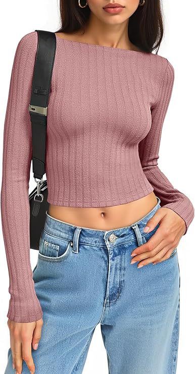 Damen Tailliertes Ripp-Cropped-Longsleeve mit U-Boot-Ausschnitt und Stretch-Baumwollmix Shop Nory