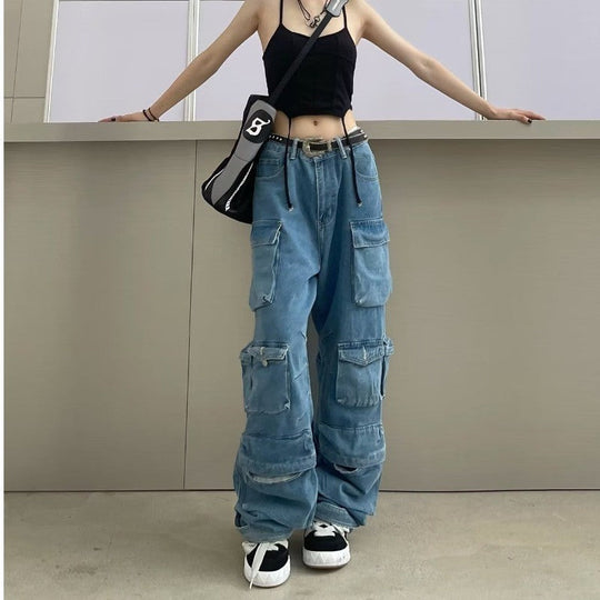 Damen weit geschnittene Cargo-Jeans mit mehreren Taschen und entspannter Passform