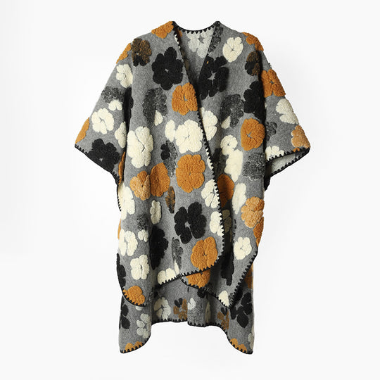 Damen Floraler Wollmix-Überwurf im Deckenponcho-Stil mit strukturiertem Blumen‑Jacquard und Zierkettelung Shop Nory