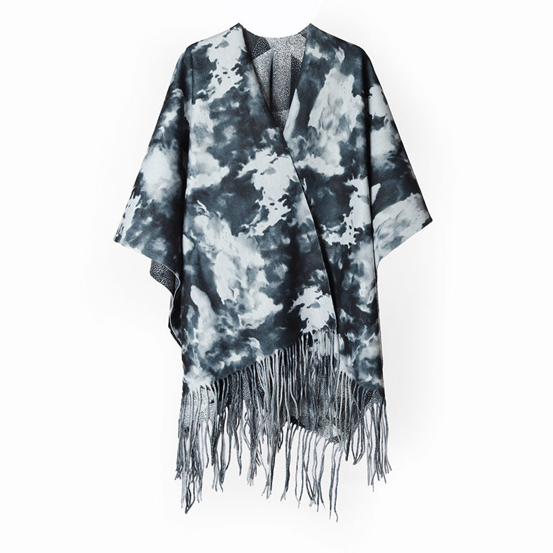 Damen Überwurfponcho im Kimono-Stil mit wolkenartigem Aquarellmuster und Fransensaum Shop Nory