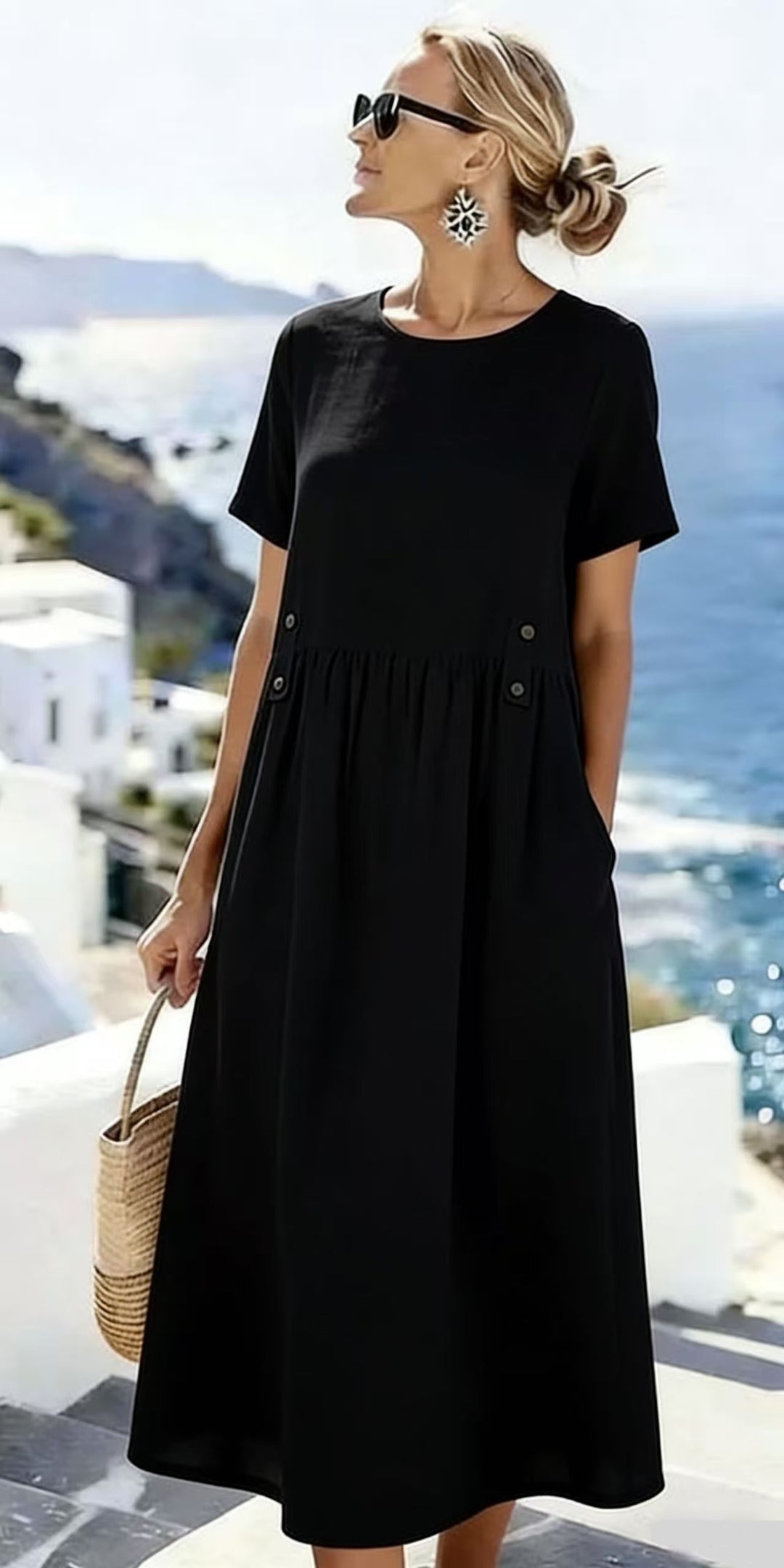 Damen Langes Leinenoptik-Sommerkleid mit geraffter Taillenpartie und Eingrifftaschen Shop Nory