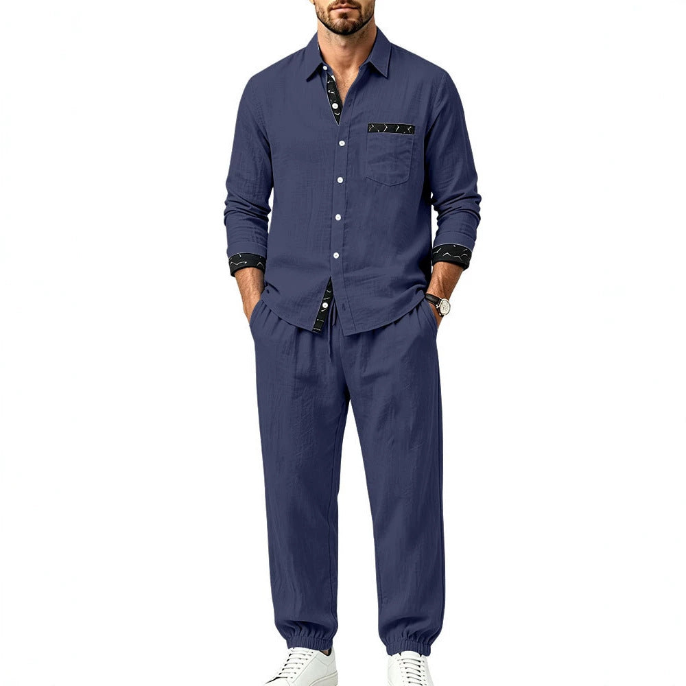 Herren Leichter Baumwoll-Loungewear-Zweiteiler mit Hemd und Kordel-Jogger Shop Nory